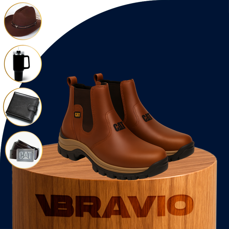 Kit Bota de Hombre Adventure en Cuero Legítimo con Plantilla Ortopédica +4 REGALOS: Sombrero, Cinturón, Billetera y Vaso Térmico